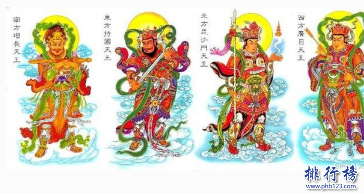　　导语：中国古代都信奉佛教，所以我们大部分人都去过寺庙看到过一些神佛，最熟悉的可能是观音和财神爷等那么大家可能不太熟悉佛教中的魔家四将，今天排行榜123网整理了魔家四将的相关资料，一起来看看。  　　魔家四将简介：根据西游记和封神演义的记载这四大天王的身份很卑微在天庭里面是灵山大门的守护者，也就是现代的保安的身份，我们在西游记里面有看到这四大天王曾在孙悟空打闹天宫的时候被打的落花流水。  　　魔家四将：东方持国天王、南方增长天王、西方广目天王、北方多闻天王  　　四、北方多闻天王  　　多闻天王又称魔礼红，手中拿着混元珠伞这把伞上有夜明珠、碧水珠、九曲珠等10种珍贵宝石穿成四个大字装载乾坤，据说这把伞是不能打开的，打开了会导致乾坤晃动下起暴雨。  　　多闻天王是佛教中的人物，在印度的史书上有记载它是婆罗门教中的天神。全身是绿色的穿着甲胄右手拿着伞手里拿着吐宝鼠据说是用来消除妖魔鬼怪，赐予众生各种财务解救贫困百姓。  　　三、西方广目天王  　　广目天王又称魔礼寿，是魔家四将，在佛教中梵名毗留博叉身子是红色的穿着甲胄，手中缠绕着一条龙住须弥山琉璃埠。是一个执法者的身份，在西游记里面有记载这个神话人物。据说它的法眼可以观察大千世界，看到有人不信奉佛教就要将那些人抓起来，让他们都皈依佛门。  　　二、南方增长天王  　　增长天王又称魔礼青，在佛教中梵名毗流驮迦，身子是青色的穿着甲胄手里拿着青锋宝剑保护佛教礼法不受侵犯，据说这把宝剑可以增长智慧和祛除烦恼。保护众生一起遵守佛法是中国大乘佛教三十三天中的尊王之一。  　　一、东方持国天王  　　持国天王又称魔礼海，和魔礼红、魔礼寿、魔礼青并称为魔家四将，主要掌握的是风调雨顺。在佛教中的梵名提多罗吒，身子是白色的穿着甲胄手里拿着琵琶，保护众生和国土，寓意是事情不能操之过急要恰到好处才能最后圆满。是二十诸天中的第四大天王。在封神演义长手里面是一根枪背上是琵琶，琵琶上面的四根弦象征着地、水、火、风等四相。  　　结语：以上就是排行榜123网小编盘点的魔家四将，这些都是神话中的四大天王在西游记和封神演义上有记载，我们在寺庙里面也会看到这些佛像它们掌握着风调雨顺。