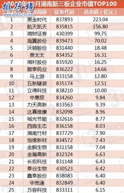 2017年10月湖南新三板企业市值TOP100:黑金时代223亿居首